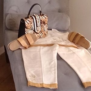 2 pc cream Asian inspired crop pant set with the shoes  no stains